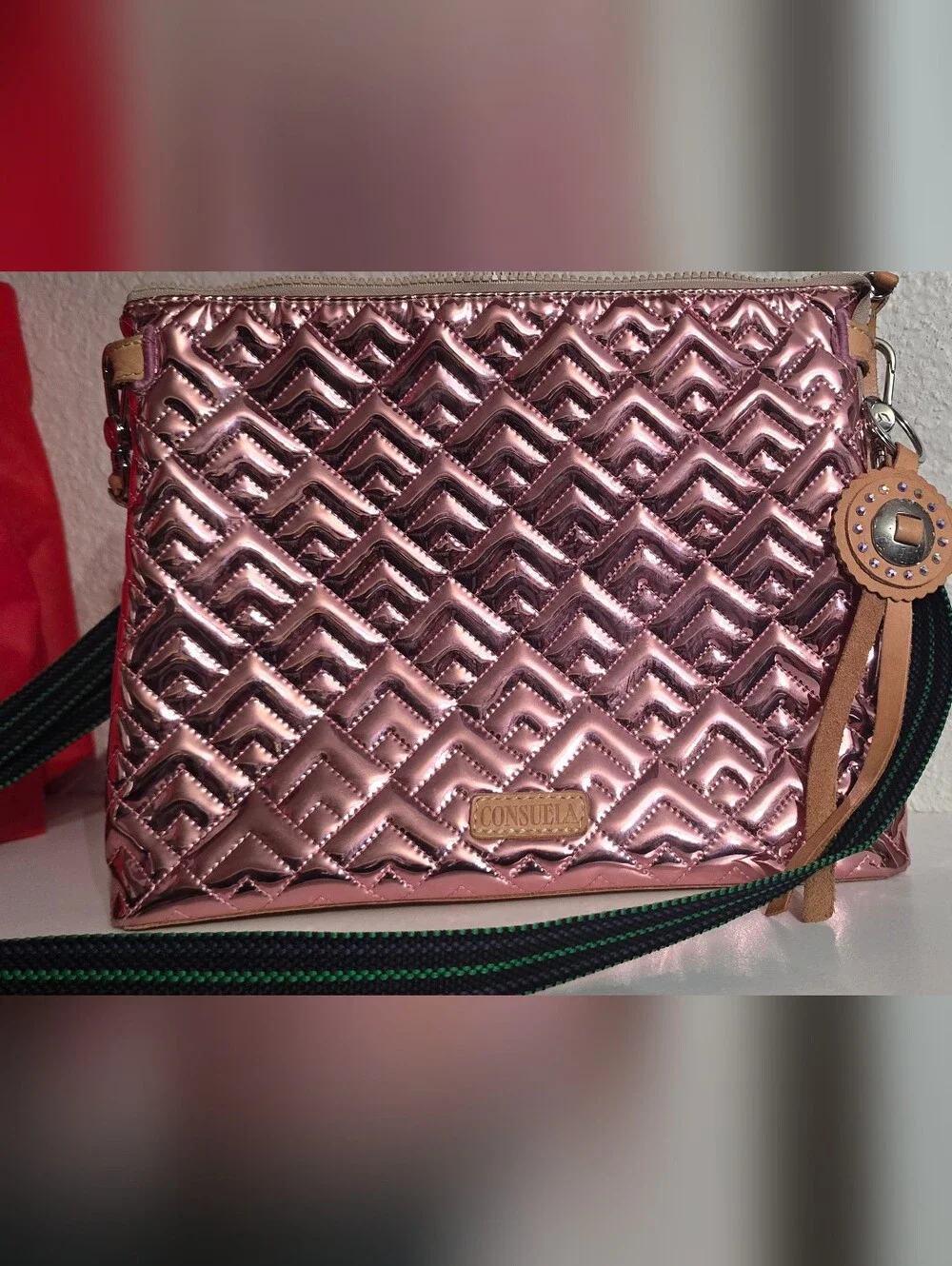 Consuela Quilted Metallic Clutch in Rose Pink